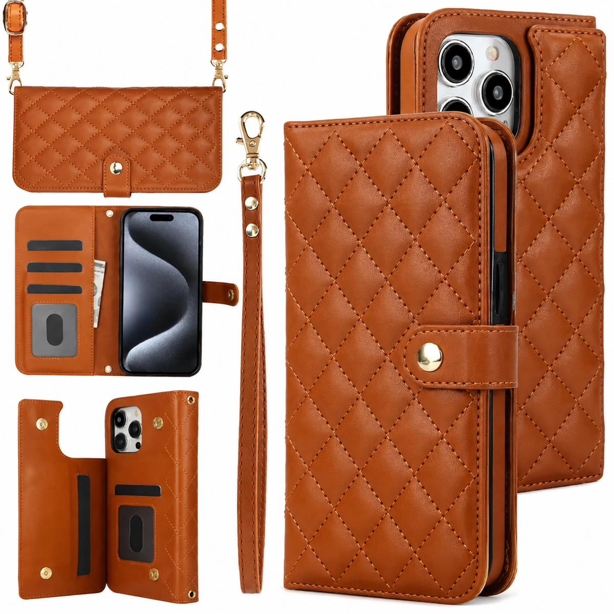 Premium iPhone Case RFID Blocking Wallet Crossbody Flip Cover PU Leather Card Holder Magnetic Closure Shockproof Protection Adjustable Strap Full Coverage