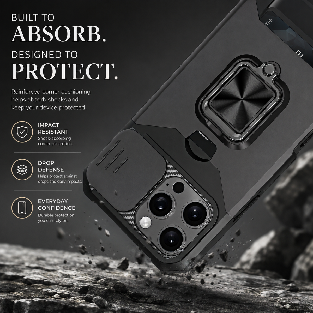 Premium iPhone Case Rotating Ring Stand Hybrid Armor Slide Camera Lens Cover Shockproof Heavy Duty PC TPU Belt Clip Protective Rugged Case