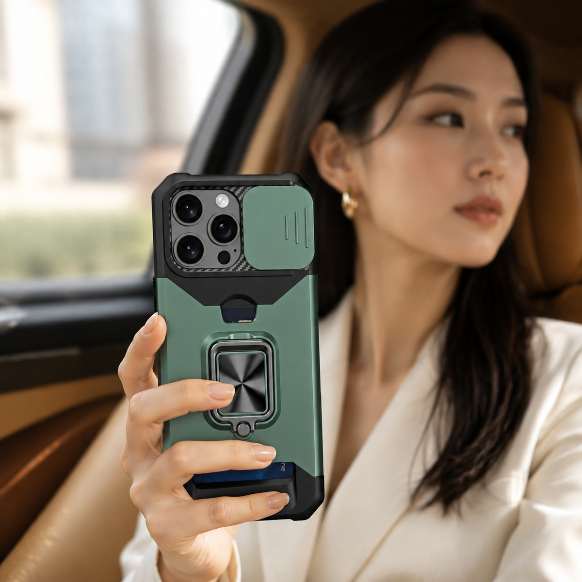 Premium iPhone Case Rotating Ring Stand Hybrid Armor Slide Camera Lens Cover Shockproof Heavy Duty PC TPU Belt Clip Protective Rugged Case