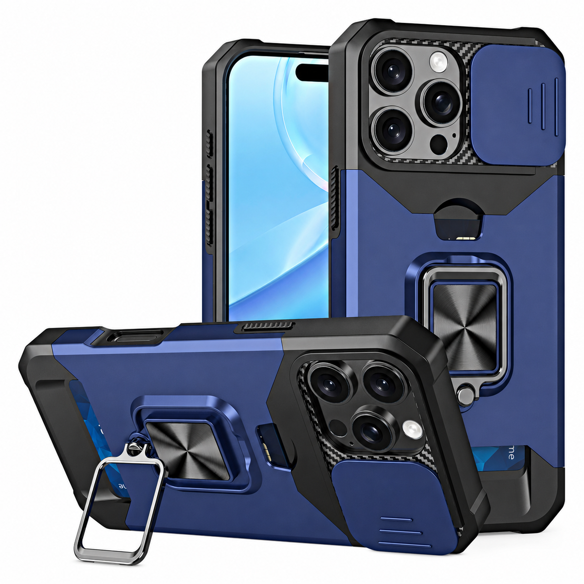 Premium iPhone Case Rotating Ring Stand Hybrid Armor Slide Camera Lens Cover Shockproof Heavy Duty PC TPU Belt Clip Protective Rugged Case