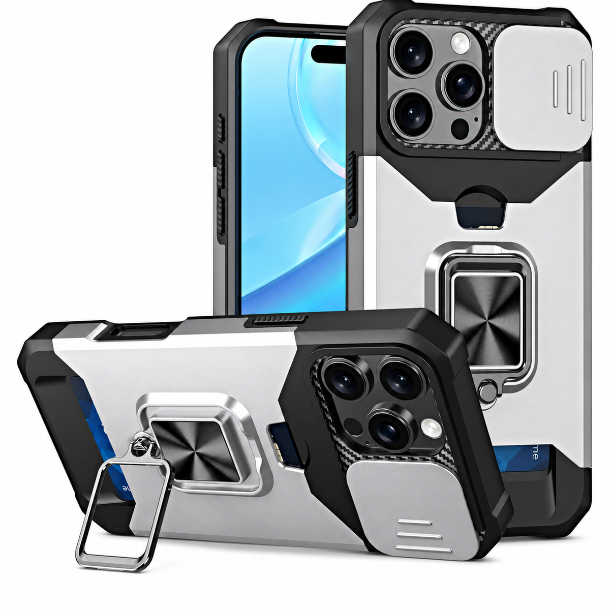 Premium iPhone Case Rotating Ring Stand Hybrid Armor Slide Camera Lens Cover Shockproof Heavy Duty PC TPU Belt Clip Protective Rugged Case