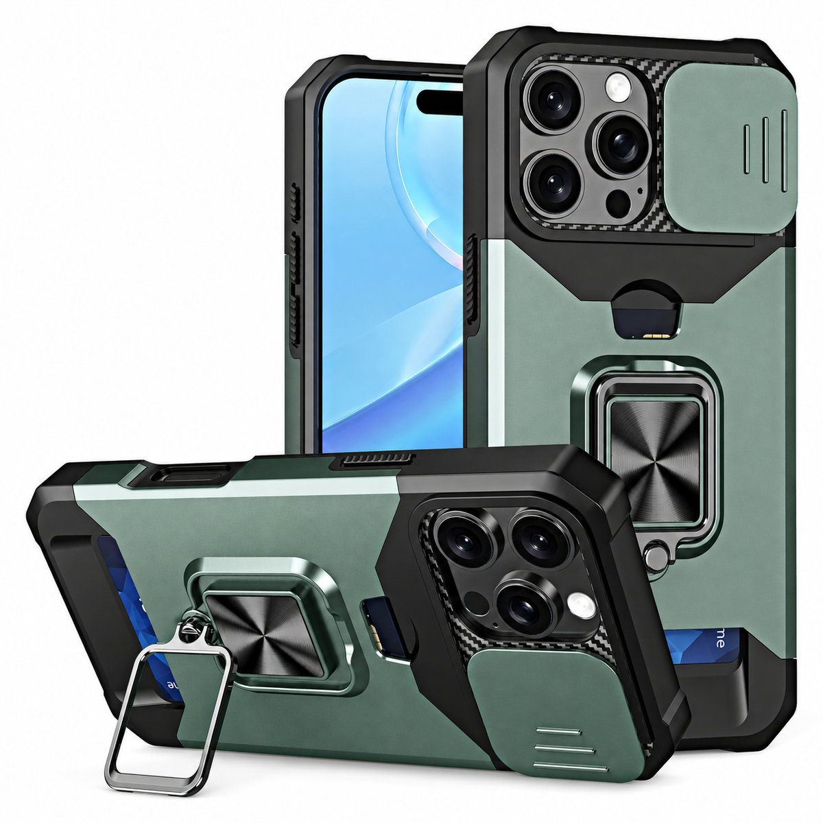 Premium iPhone Case Rotating Ring Stand Hybrid Armor Slide Camera Lens Cover Shockproof Heavy Duty PC TPU Belt Clip Protective Rugged Case