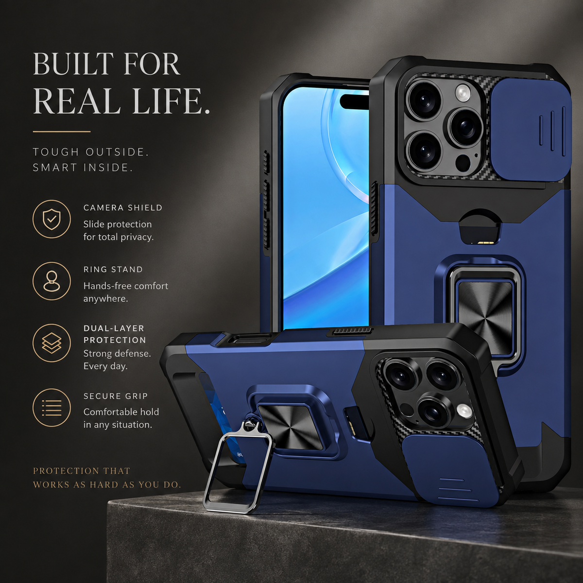 Premium iPhone Case Rotating Ring Stand Hybrid Armor Slide Camera Lens Cover Shockproof Heavy Duty PC TPU Belt Clip Protective Rugged Case
