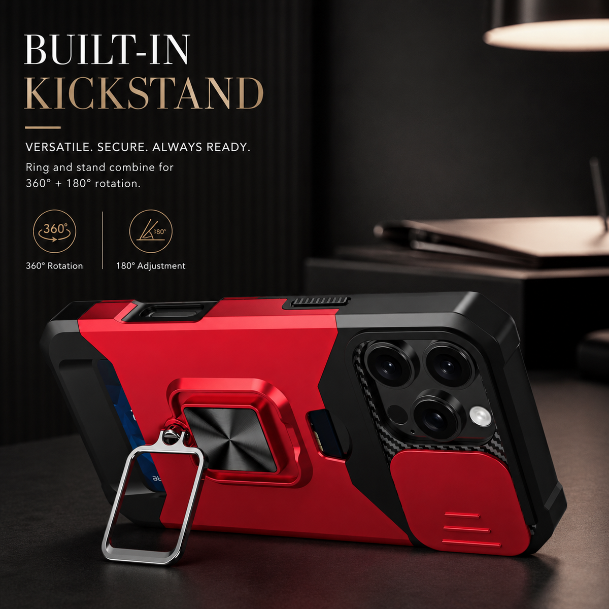 Premium iPhone Case Rotating Ring Stand Hybrid Armor Slide Camera Lens Cover Shockproof Heavy Duty PC TPU Belt Clip Protective Rugged Case