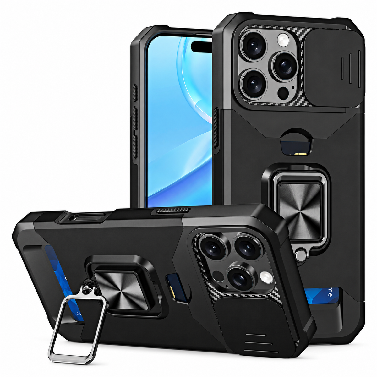 Premium iPhone Case Rotating Ring Stand Hybrid Armor Slide Camera Lens Cover Shockproof Heavy Duty PC TPU Belt Clip Protective Rugged Case