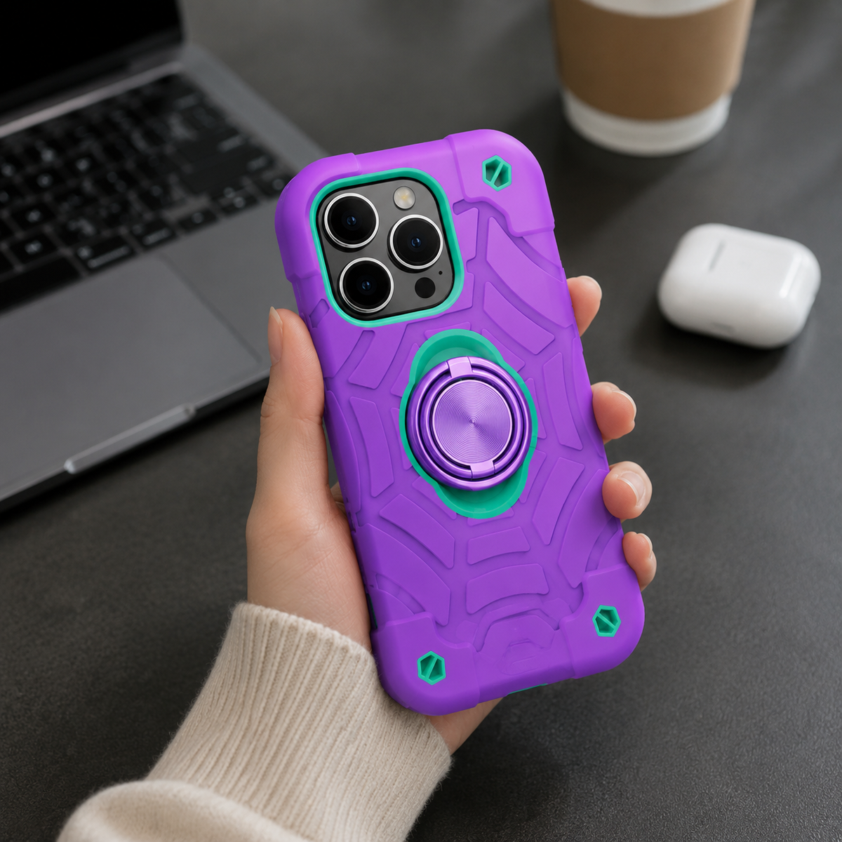 Premium iPhone Case Rugged Armor Cover Dual Layer Shockproof PC TPU Ring Holder Kickstand Anti Slip Grip Full Protection Camera Lens Guard Durable Design