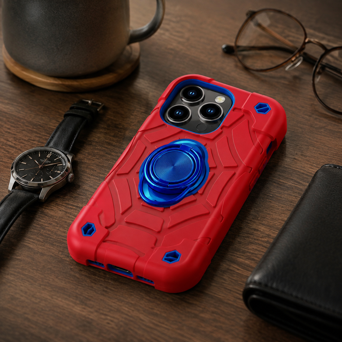Premium iPhone Case Rugged Armor Cover Dual Layer Shockproof PC TPU Ring Holder Kickstand Anti Slip Grip Full Protection Camera Lens Guard Durable Design