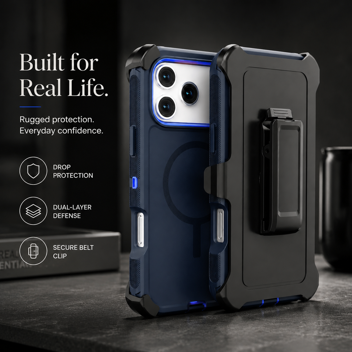 Premium iPhone Case Rugged Defender Protective Cover Shockproof Armor Dual Layer Belt Clip Full Port Protection Heavy Duty Durable Slim Grip Design