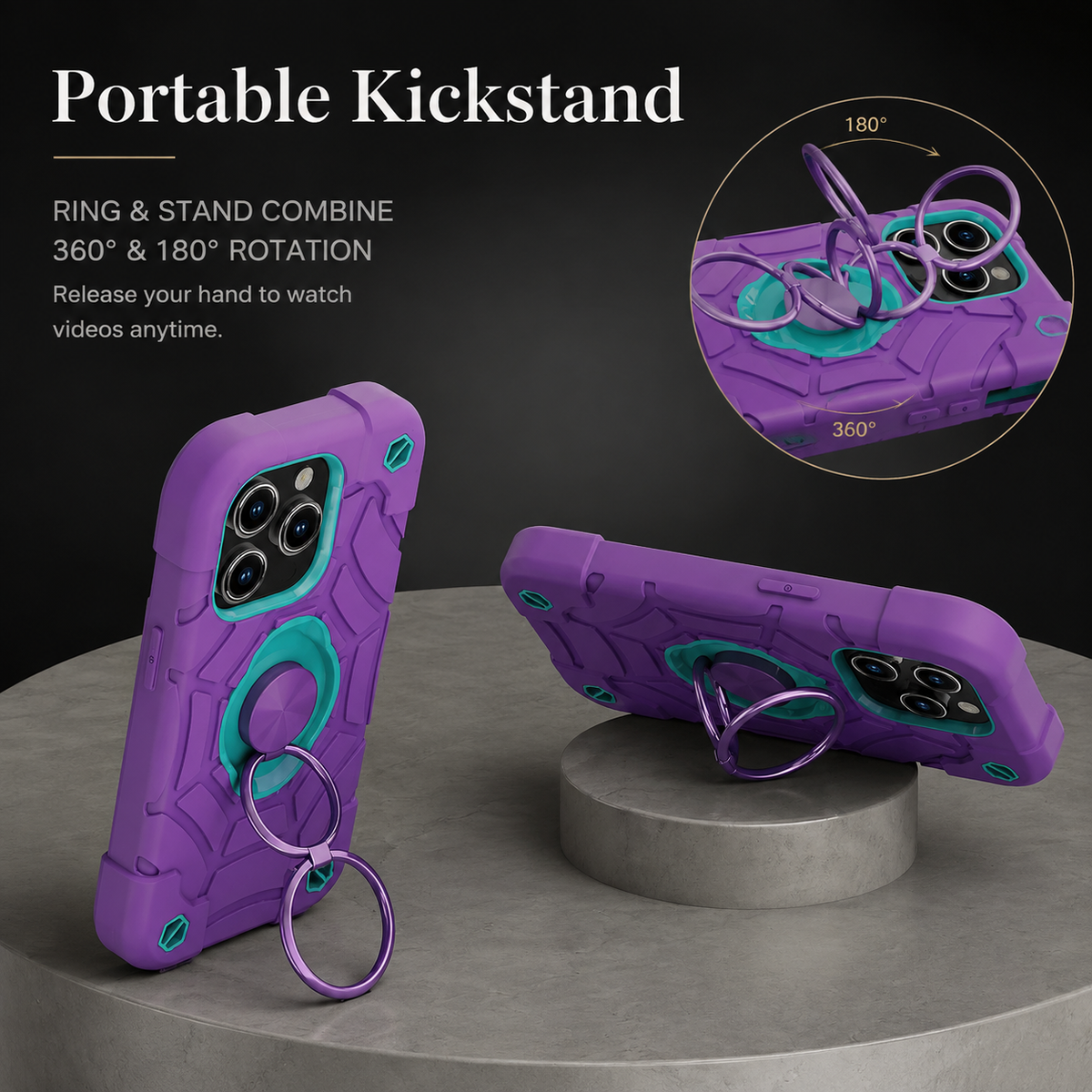 Premium iPhone Case Rugged Military Grade Protective Cover Dual Layer Shockproof Armor Kickstand Ring Holder Anti Slip Grip Full Protection