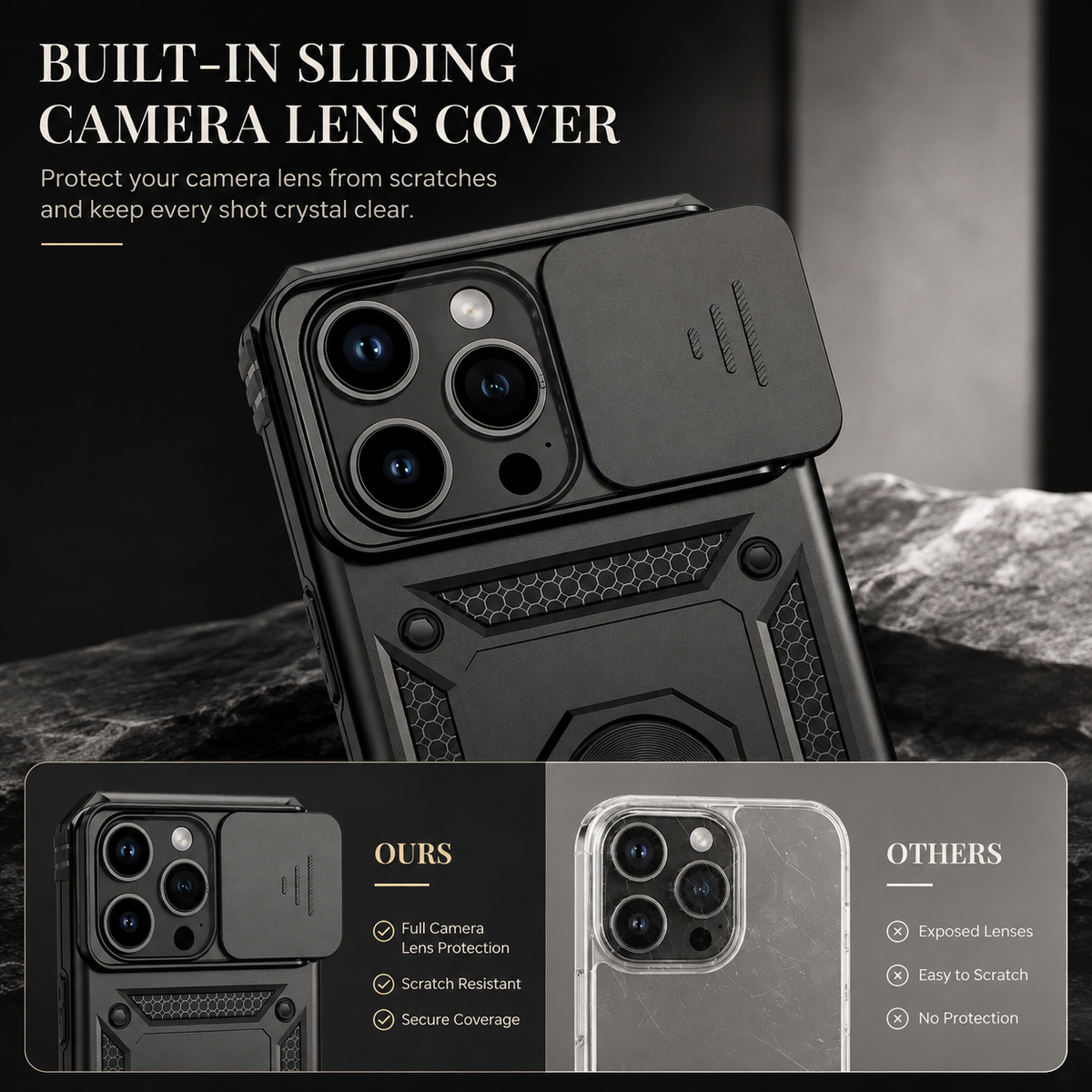 Premium iPhone Case Rugged Shockproof Kickstand Slide Camera Lens Protector PC TPU Anti Drop Reinforced Bumper Heavy Duty Protective Cover Case