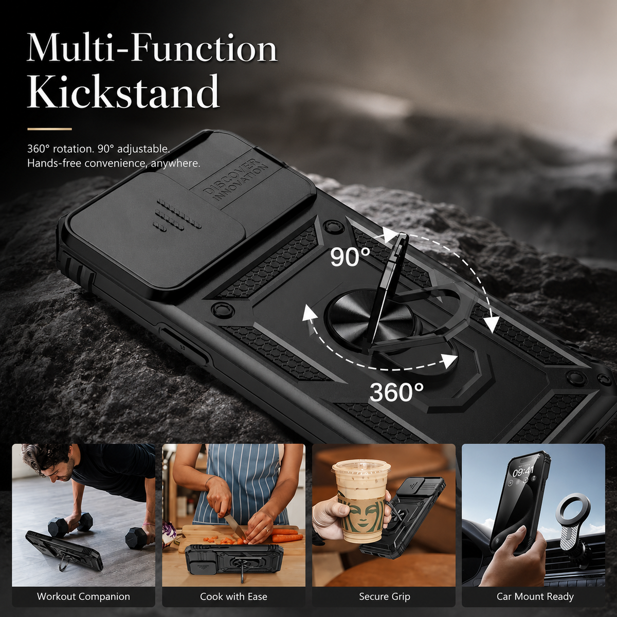 Premium iPhone Case Rugged Shockproof Kickstand Slide Camera Lens Protector PC TPU Anti Drop Reinforced Bumper Heavy Duty Protective Cover Case