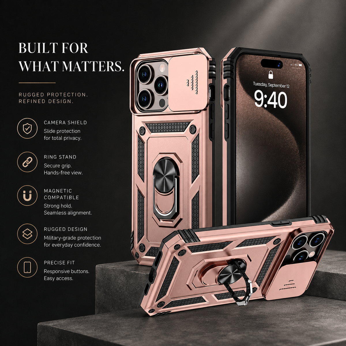 Premium iPhone Case Rugged Shockproof Kickstand Slide Camera Lens Protector PC TPU Anti Drop Reinforced Bumper Heavy Duty Protective Cover Case