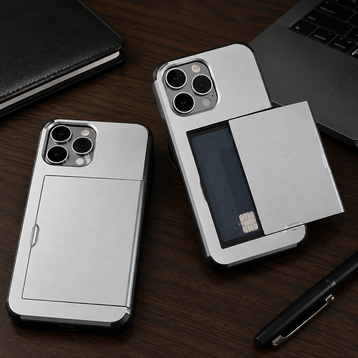 Premium iPhone Case Rugged Slide Wallet Card Holder Shockproof Protective Cover PC TPU Dual Layer Armor Anti Fingerprint Anti Scratch Non Slip Heavy Duty