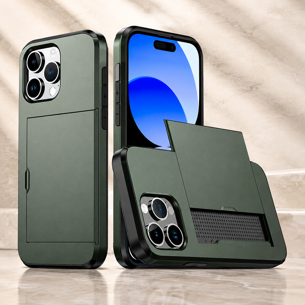 Premium iPhone Case Rugged Slide Wallet Card Holder Shockproof Protective Cover PC TPU Dual Layer Armor Anti Fingerprint Anti Scratch Non Slip Heavy Duty