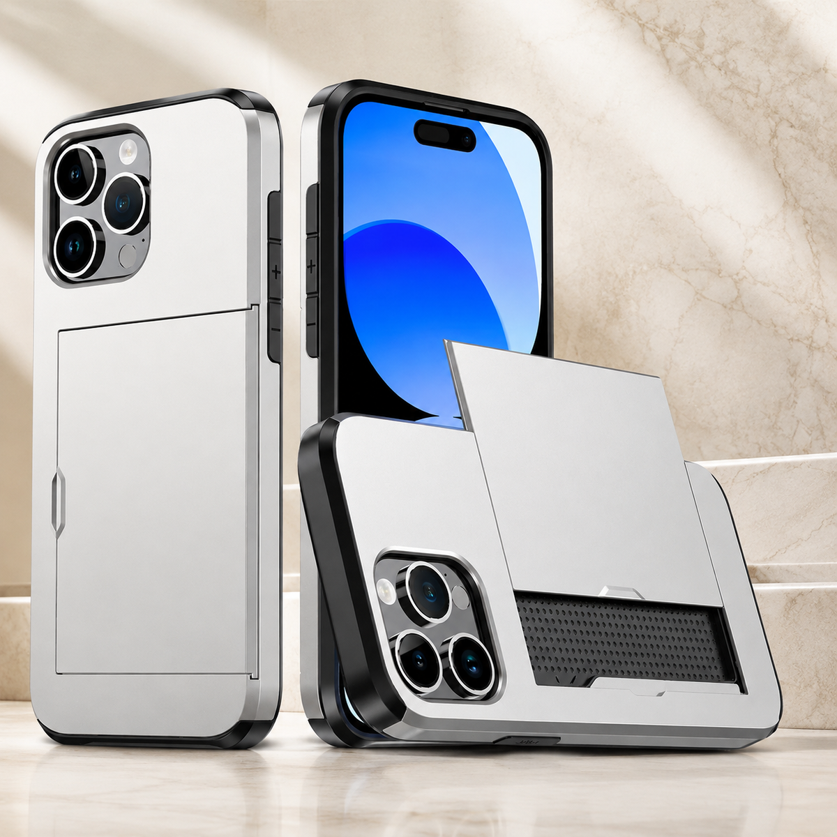 Premium iPhone Case Rugged Slide Wallet Card Holder Shockproof Protective Cover PC TPU Dual Layer Armor Anti Fingerprint Anti Scratch Non Slip Heavy Duty