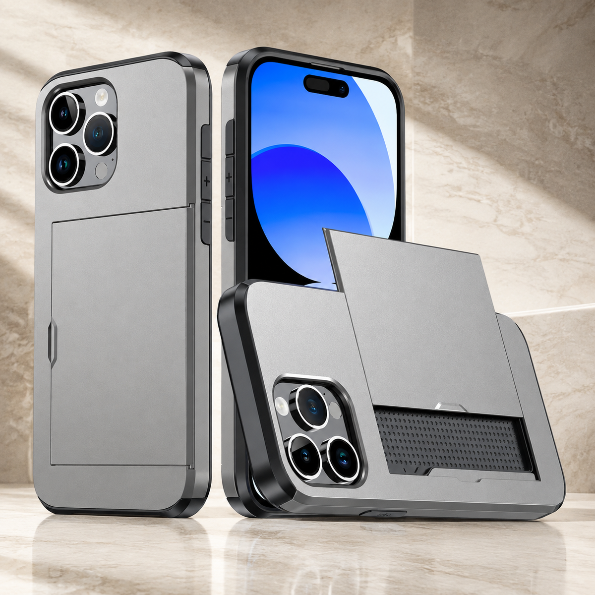 Premium iPhone Case Rugged Slide Wallet Card Holder Shockproof Protective Cover PC TPU Dual Layer Armor Anti Fingerprint Anti Scratch Non Slip Heavy Duty