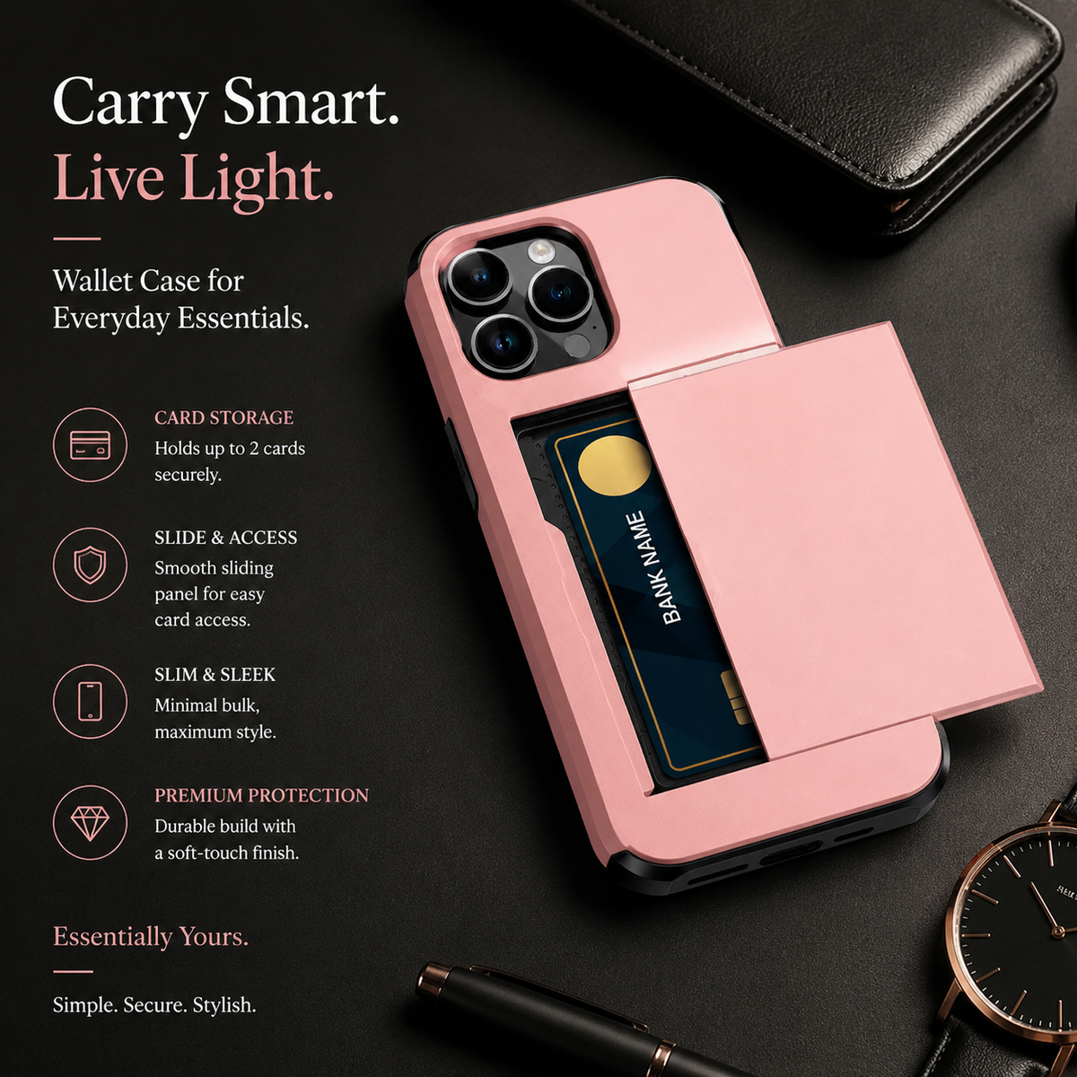 Premium iPhone Case Rugged Slide Wallet Card Holder Shockproof Protective Cover PC TPU Dual Layer Armor Anti Fingerprint Anti Scratch Non Slip Heavy Duty