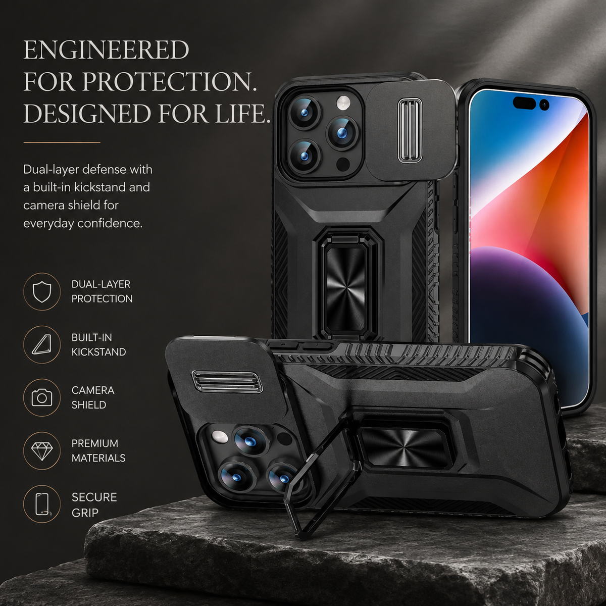 Premium iPhone Case Shockproof Protective Cover All Around Protection Sliding Camera Lens Guard Rotary Stand Anti Slip Grip Durable Design