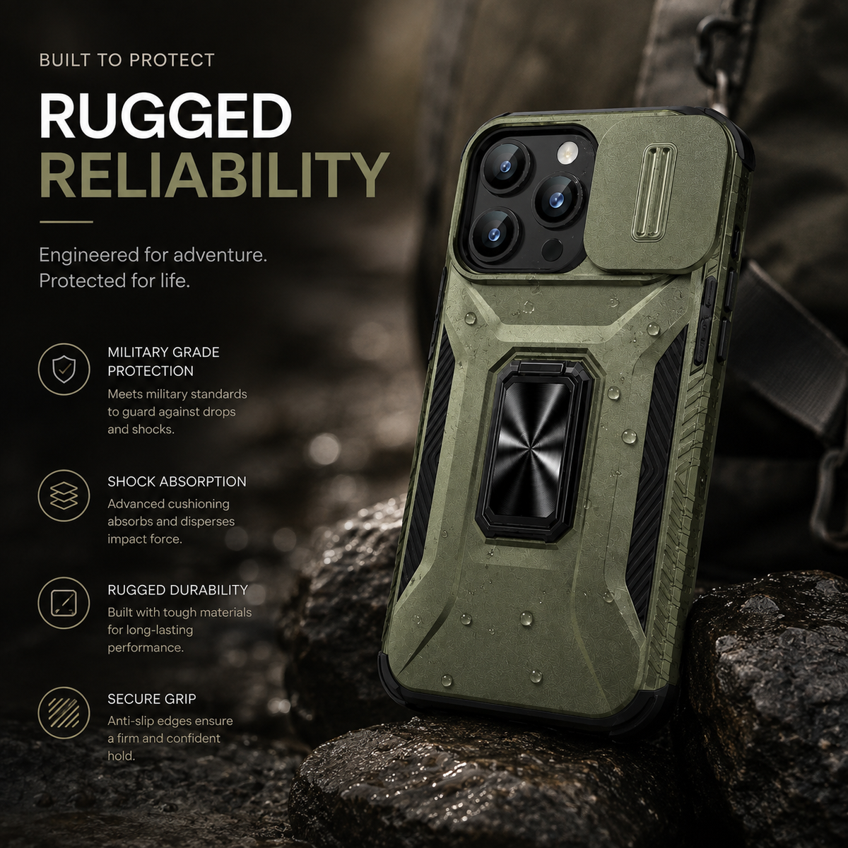 Premium iPhone Case Shockproof Protective Cover All Around Protection Sliding Camera Lens Guard Rotary Stand Anti Slip Grip Durable Design