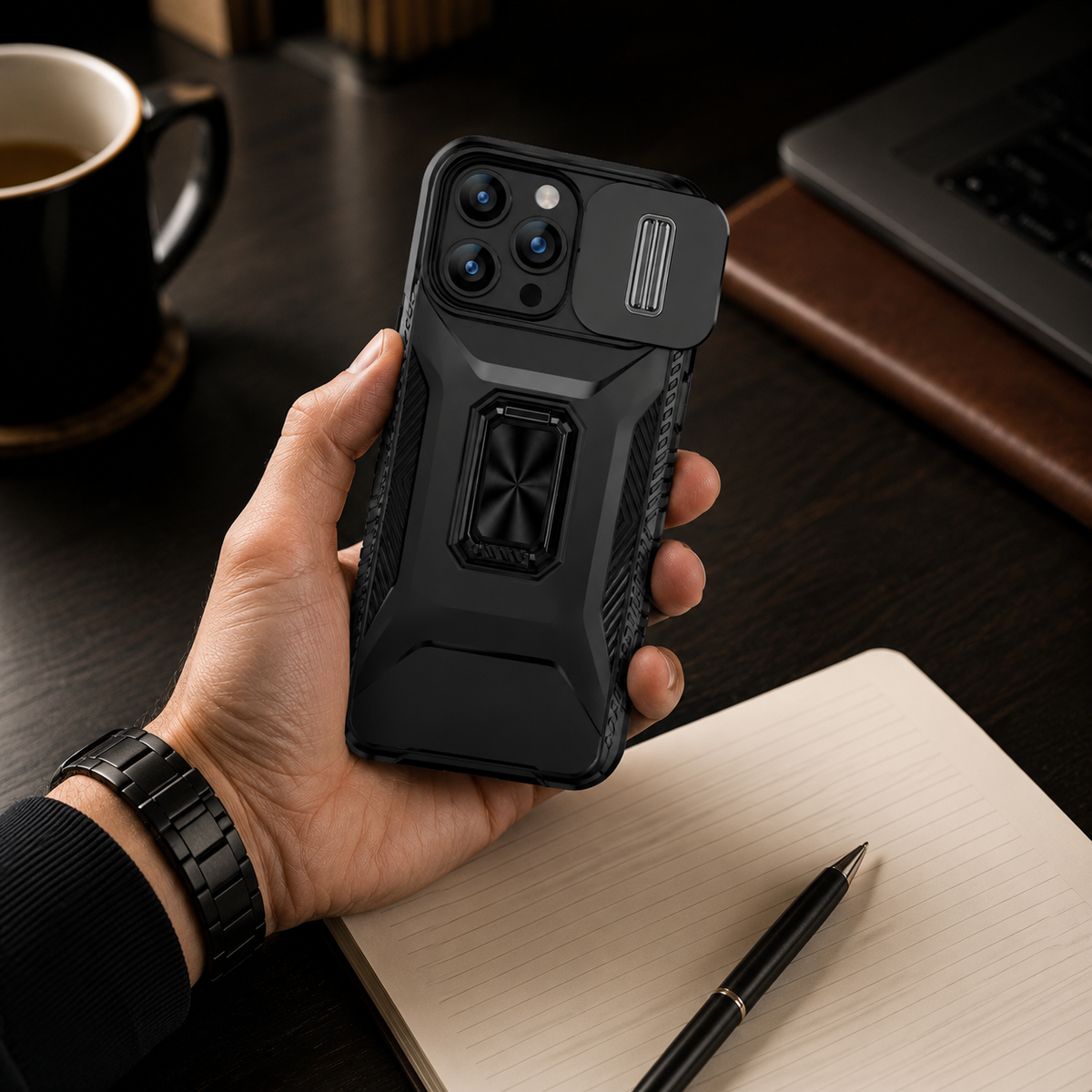 Premium iPhone Case Shockproof Protective Cover All Around Protection Sliding Camera Lens Guard Rotary Stand Anti Slip Grip Durable Design
