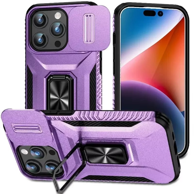 Premium iPhone Case Shockproof Protective Cover All Around Protection Sliding Camera Lens Guard Rotary Stand Anti Slip Grip Durable Design
