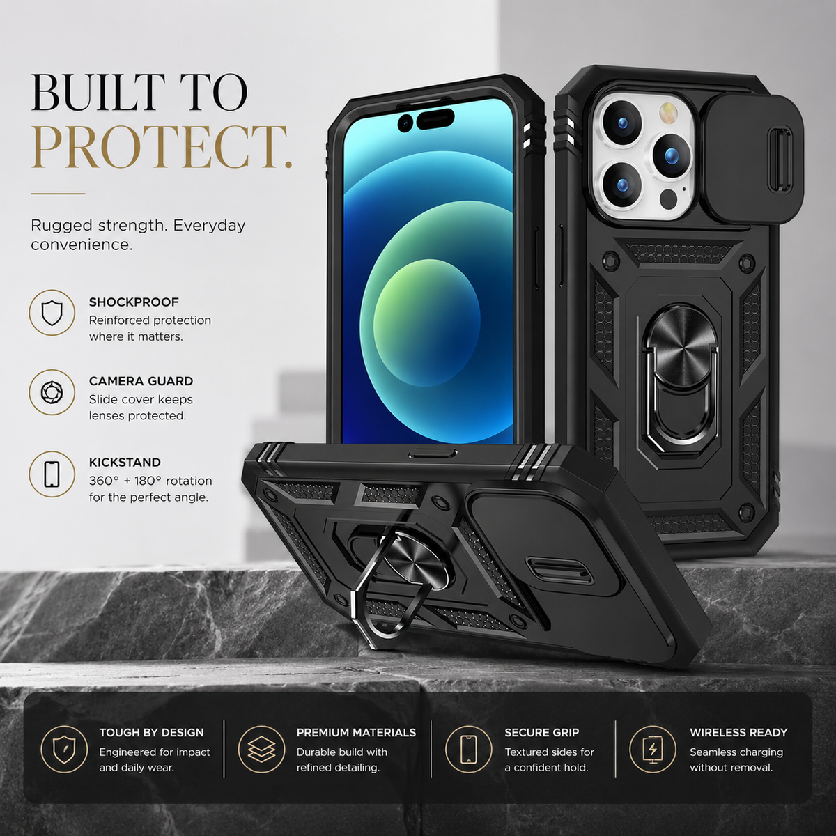 Premium iPhone Case Slide Camera Lens Protector Magnetic Ring Holder Heavy Duty Shockproof Kickstand Anti Scratch Non Slip Rugged Bumper Cover