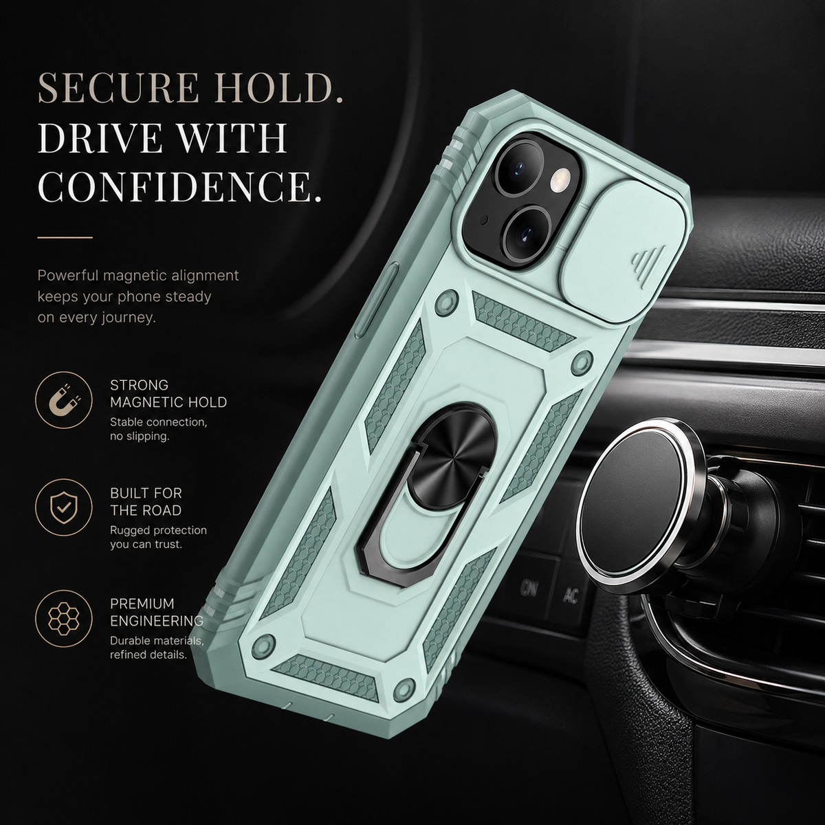 Premium iPhone Case Slide Camera Lens Protector Magnetic Ring Holder Heavy Duty Shockproof Kickstand Anti Scratch Non Slip Rugged Bumper Cover