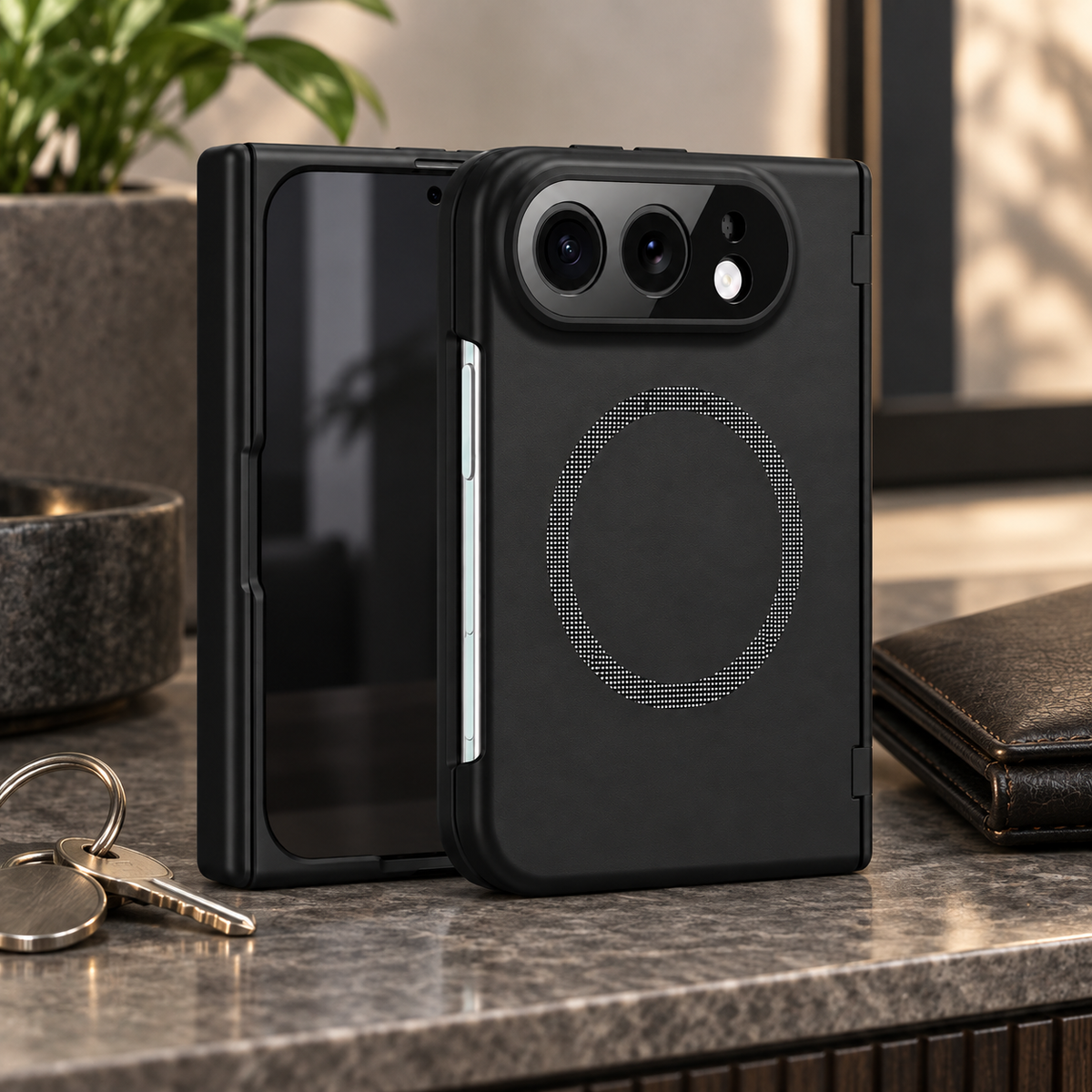 Premium iPhone Case Spring Hinge Armor Magnetic Tempered Glass Shockproof Hard PC Anti Scratch Full Foldable Protective Flip Cover Case Design