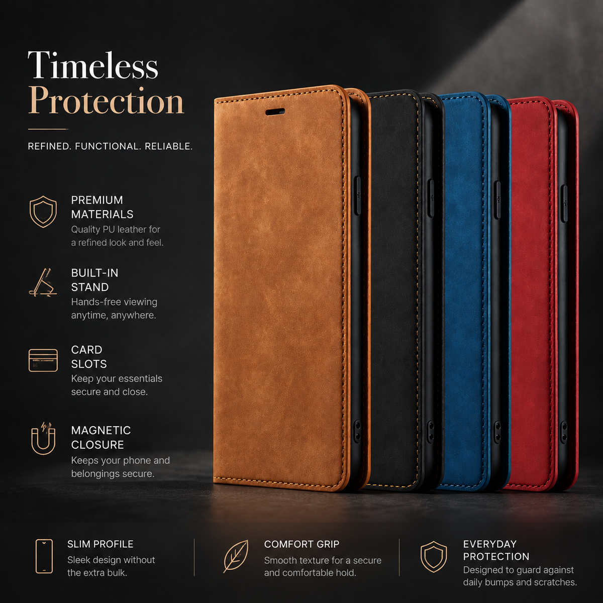 Premium iPhone Case Suede Leather Wallet Flip Cover Card Holder Magnetic Closure Shockproof Full Body Protection Slim Soft Touch Kickstand Design
