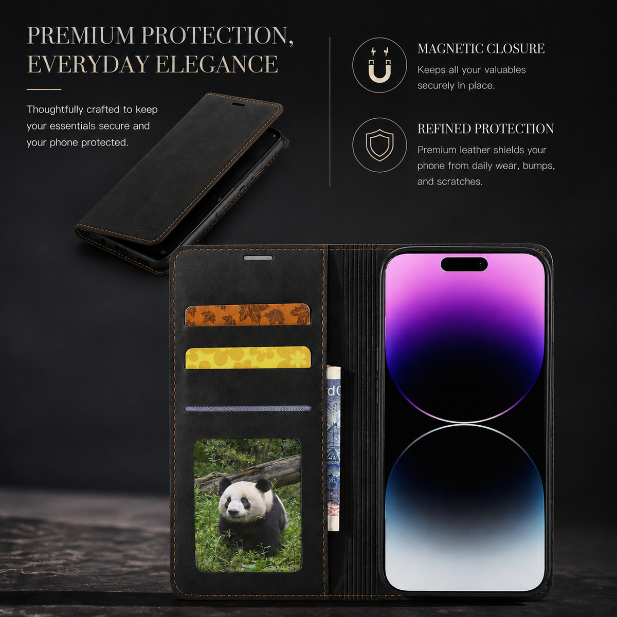 Premium iPhone Case Suede Leather Wallet Flip Cover Card Holder Magnetic Closure Shockproof Full Body Protection Slim Soft Touch Kickstand Design