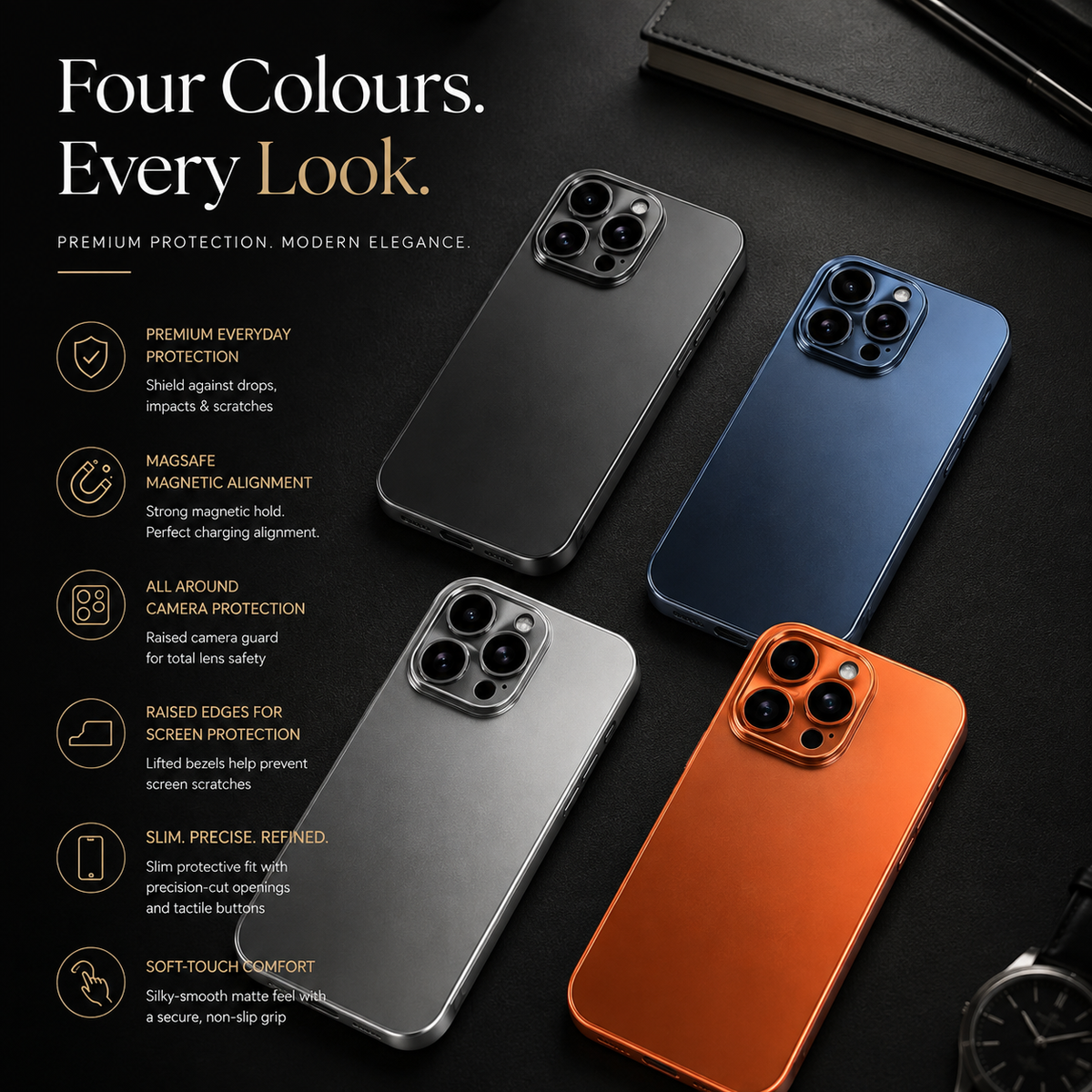 Premium iPhone Case Ultra Thin Aluminum Frame Frosted Matte Back Cover Shockproof Protective Camera Lens Guard Slim Design Full Coverage Anti Fingerprint Description Title