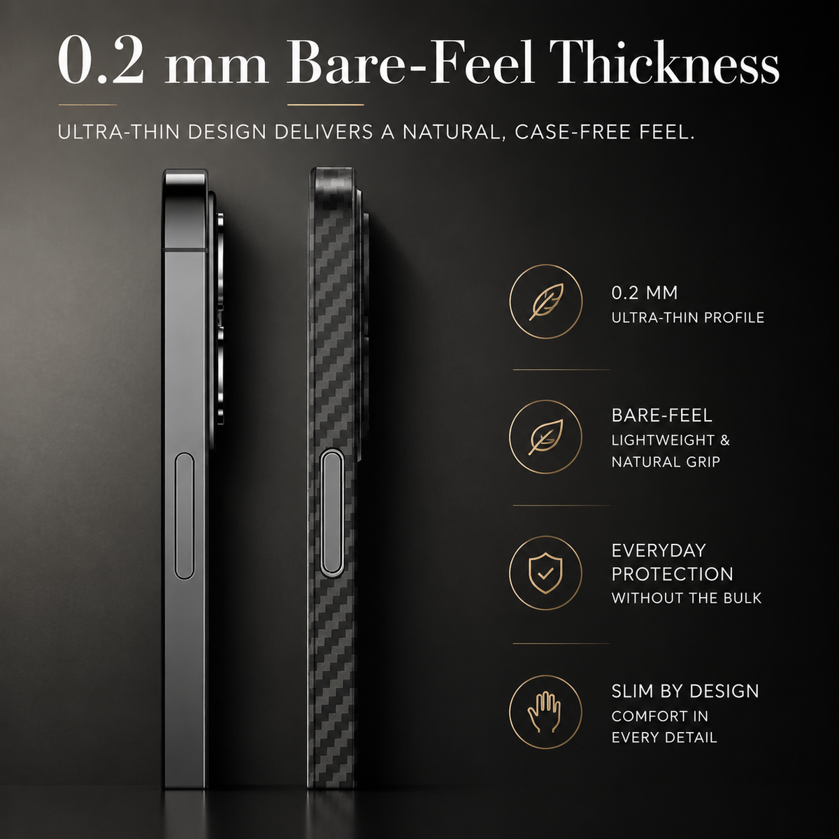 Premium iPhone Case Ultra Thin Carbon Fiber Matte Protective Cover 0.2mm PP Back Lightweight Scratch Resistant Slim Minimalist Hard Back Design