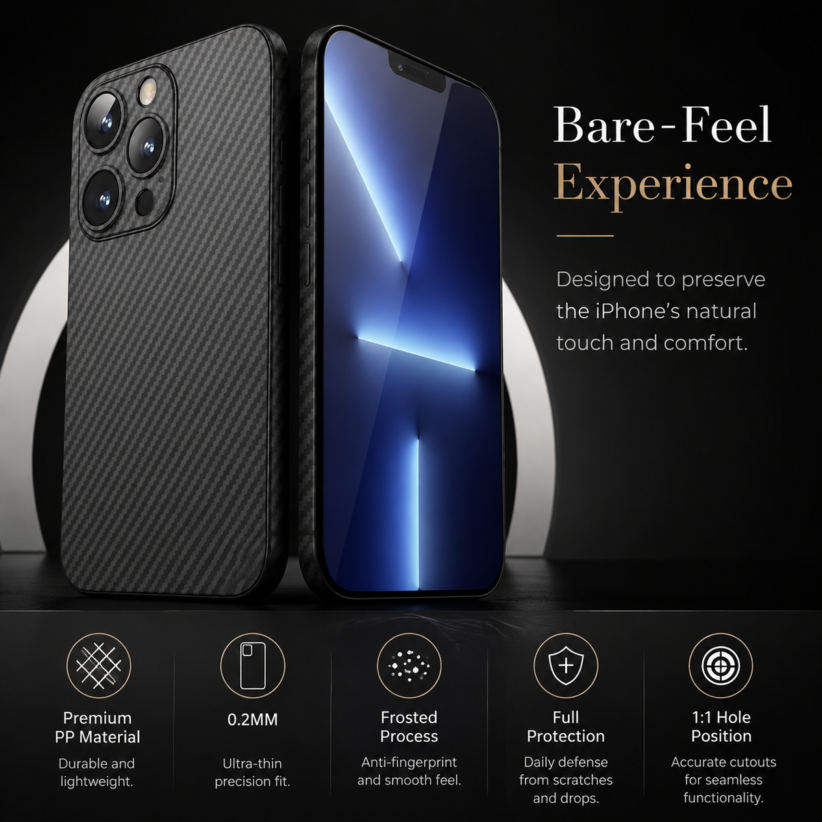 Premium iPhone Case Ultra Thin Carbon Fiber Matte Protective Cover 0.2mm PP Back Lightweight Scratch Resistant Slim Minimalist Hard Back Design