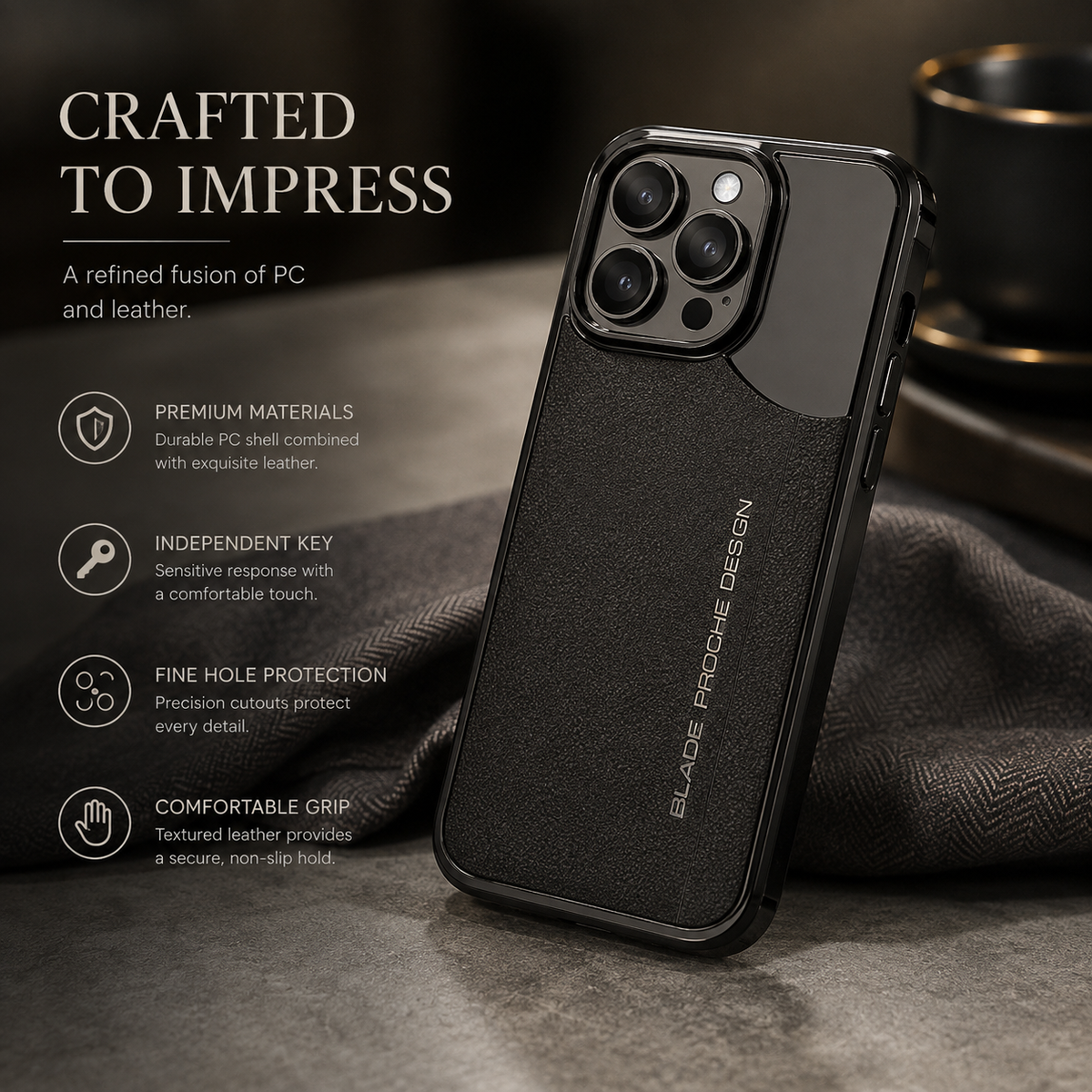 Premium iPhone Case Vegan Leather Hard Back Protective Cover Camera Lens Protection Anti Fingerprint Anti Scratch Slim Lightweight Minimalist Soft Touch