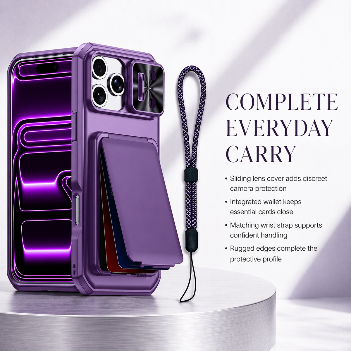 Premium iPhone Case Wallet Card Holder 3-4 Cards Kickstand Slide Camera Cover Wrist Strap Shockproof PC TPU Rugged Protective Phone Case