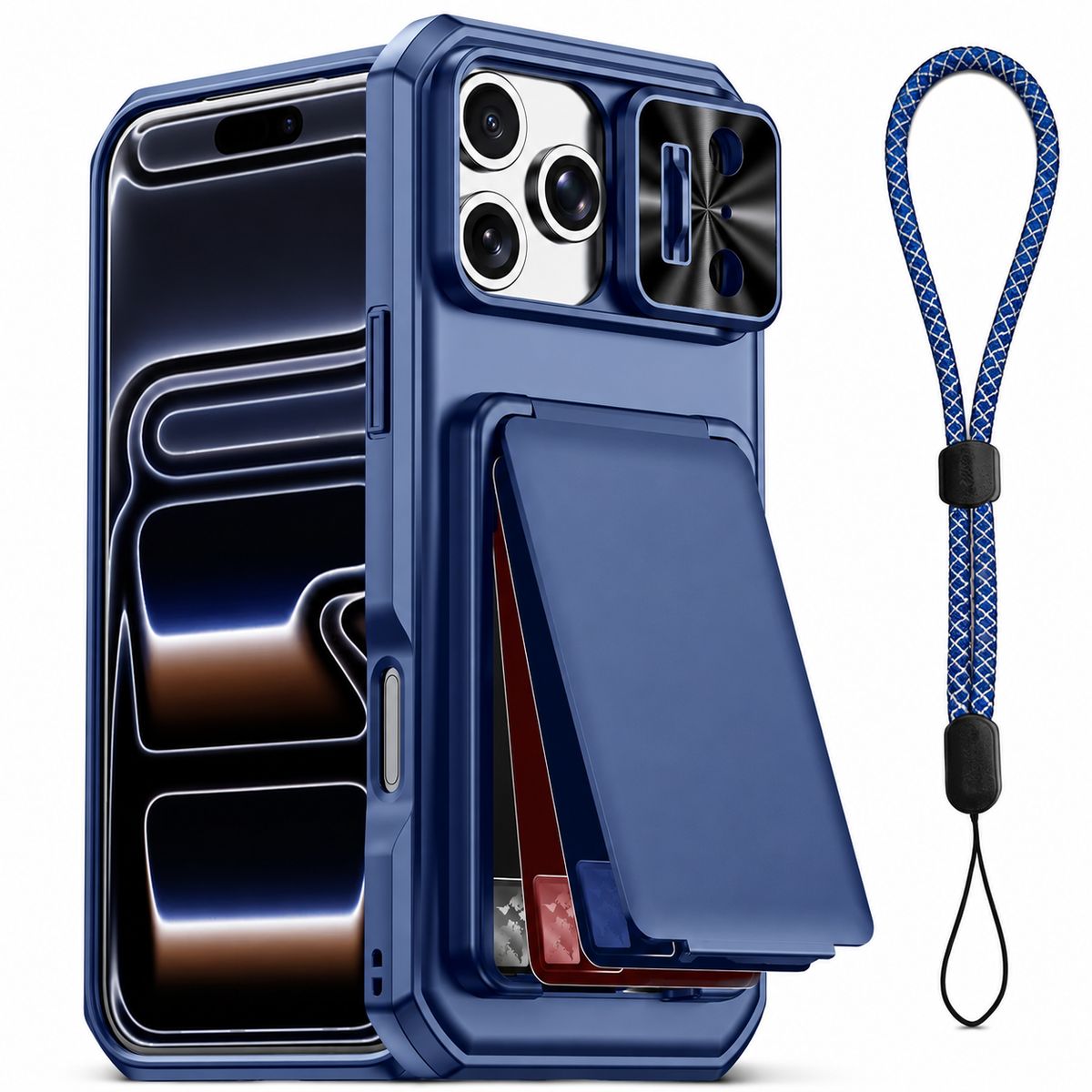 Premium iPhone Case Wallet Card Holder 3-4 Cards Kickstand Slide Camera Cover Wrist Strap Shockproof PC TPU Rugged Protective Phone Case