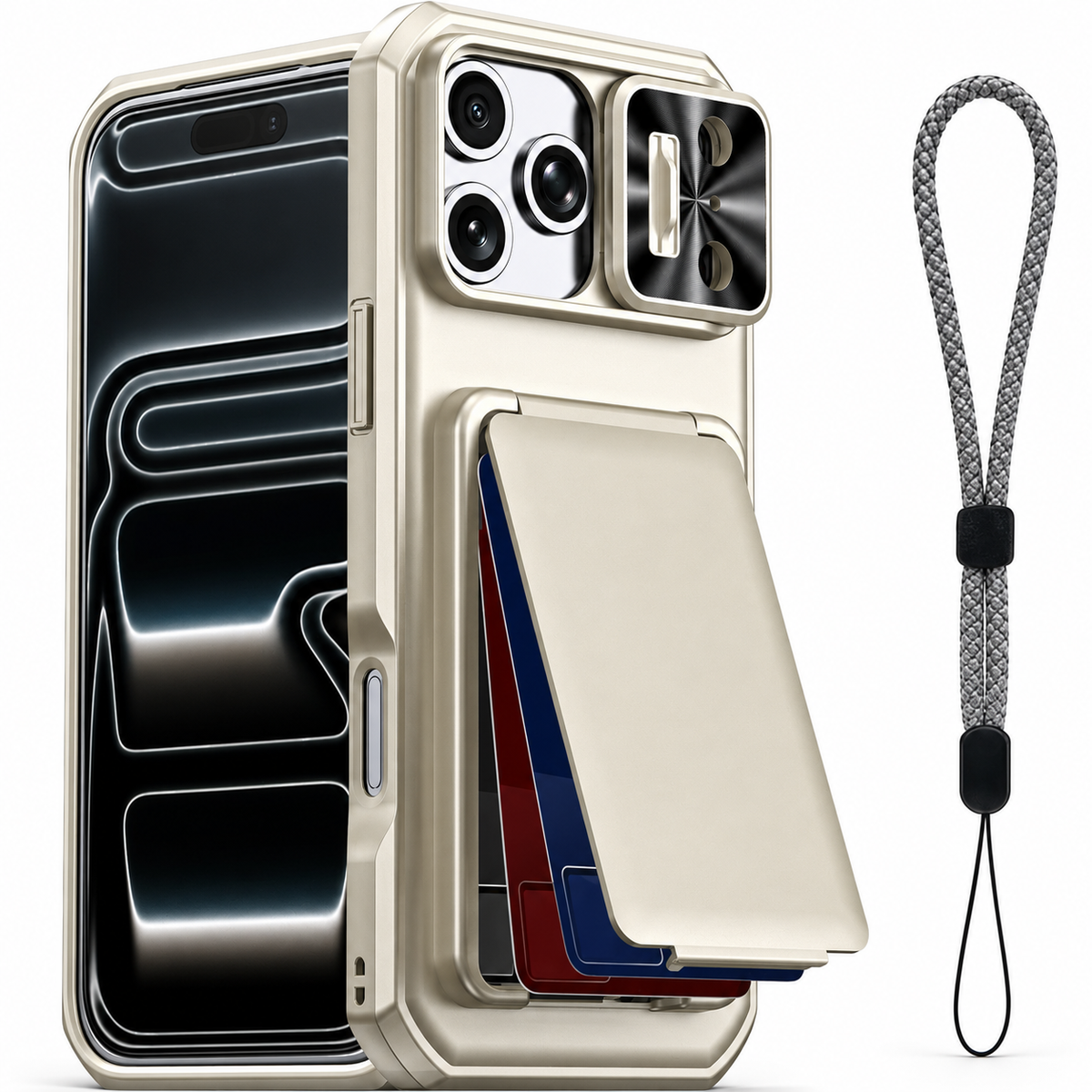 Premium iPhone Case Wallet Card Holder 3-4 Cards Kickstand Slide Camera Cover Wrist Strap Shockproof PC TPU Rugged Protective Phone Case