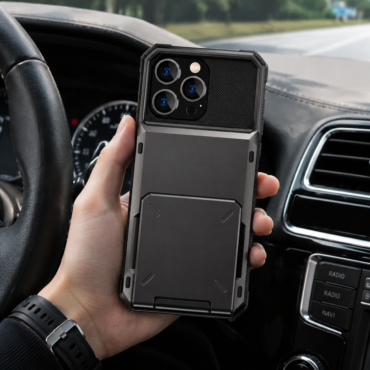 Premium iPhone Case Wallet Card Holder Hidden Flip Door Shockproof Protective Cover Dual Layer Armor Anti Scratch Camera Protection Raised Screen Grip