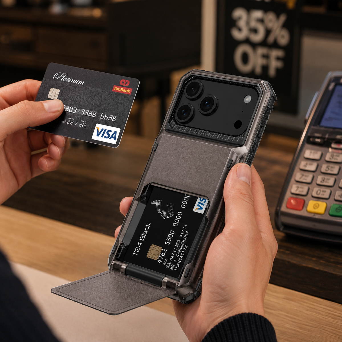 Premium iPhone Case Wallet Card Holder Slide Armor Shockproof Protective Cover Dual Layer PC Anti Scratch Anti Fingerprint Non Slip Slim Business Design