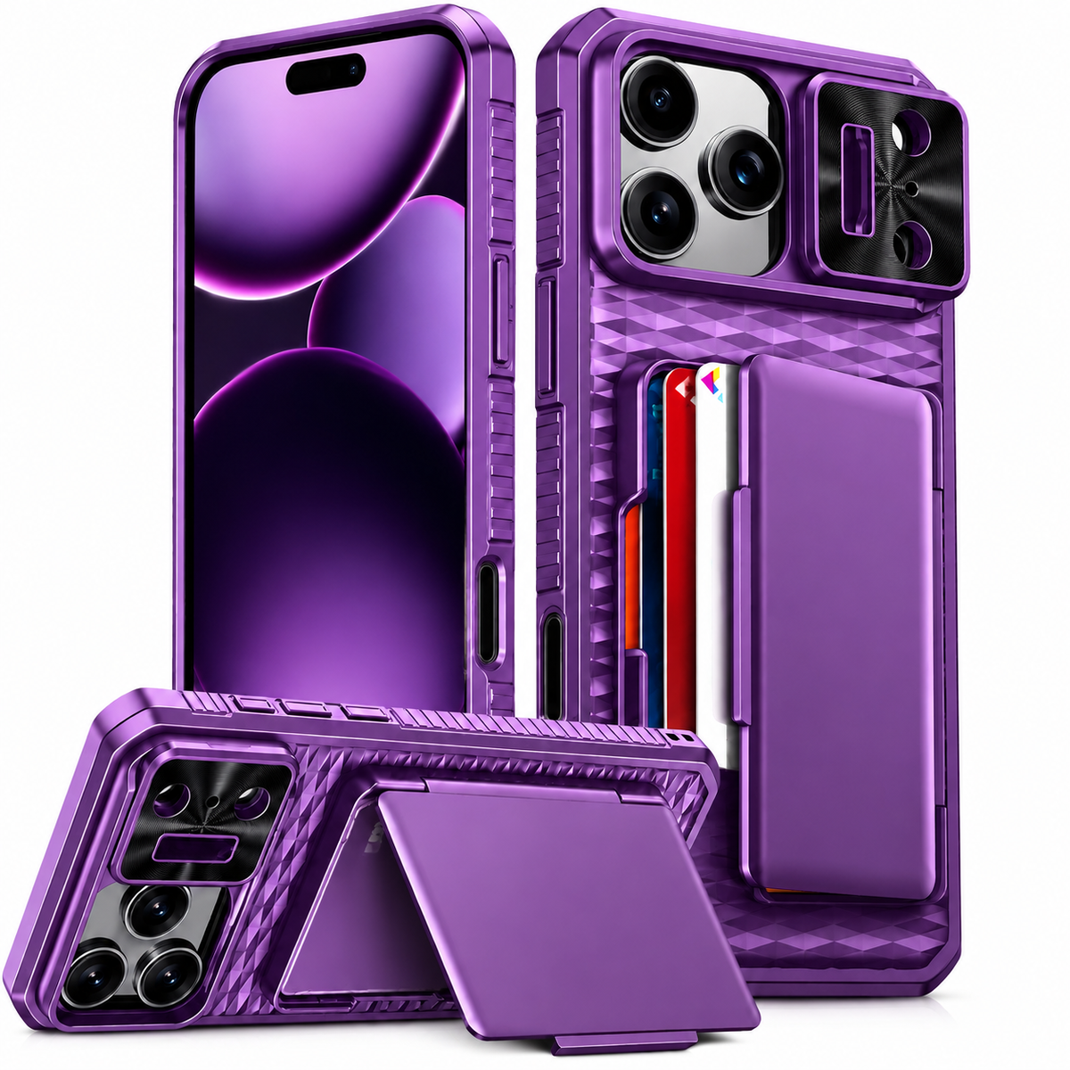 Premium iPhone Case Wallet Card Holder Sliding Camera Cover Stand MagSafe Compatible RFID Blocking Dual Layer Shockproof Heavy Duty Full Protection Design