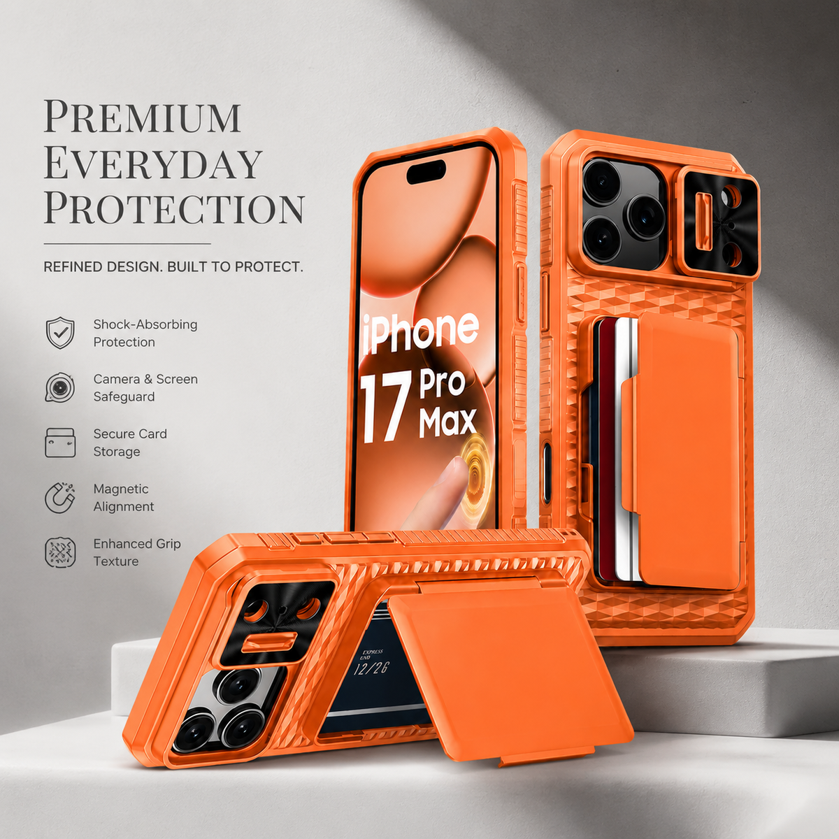 Premium iPhone Case Wallet Card Holder Sliding Camera Cover Stand Shockproof Dual Layer Heavy Duty Full Coverage Slim Protective Durable Design