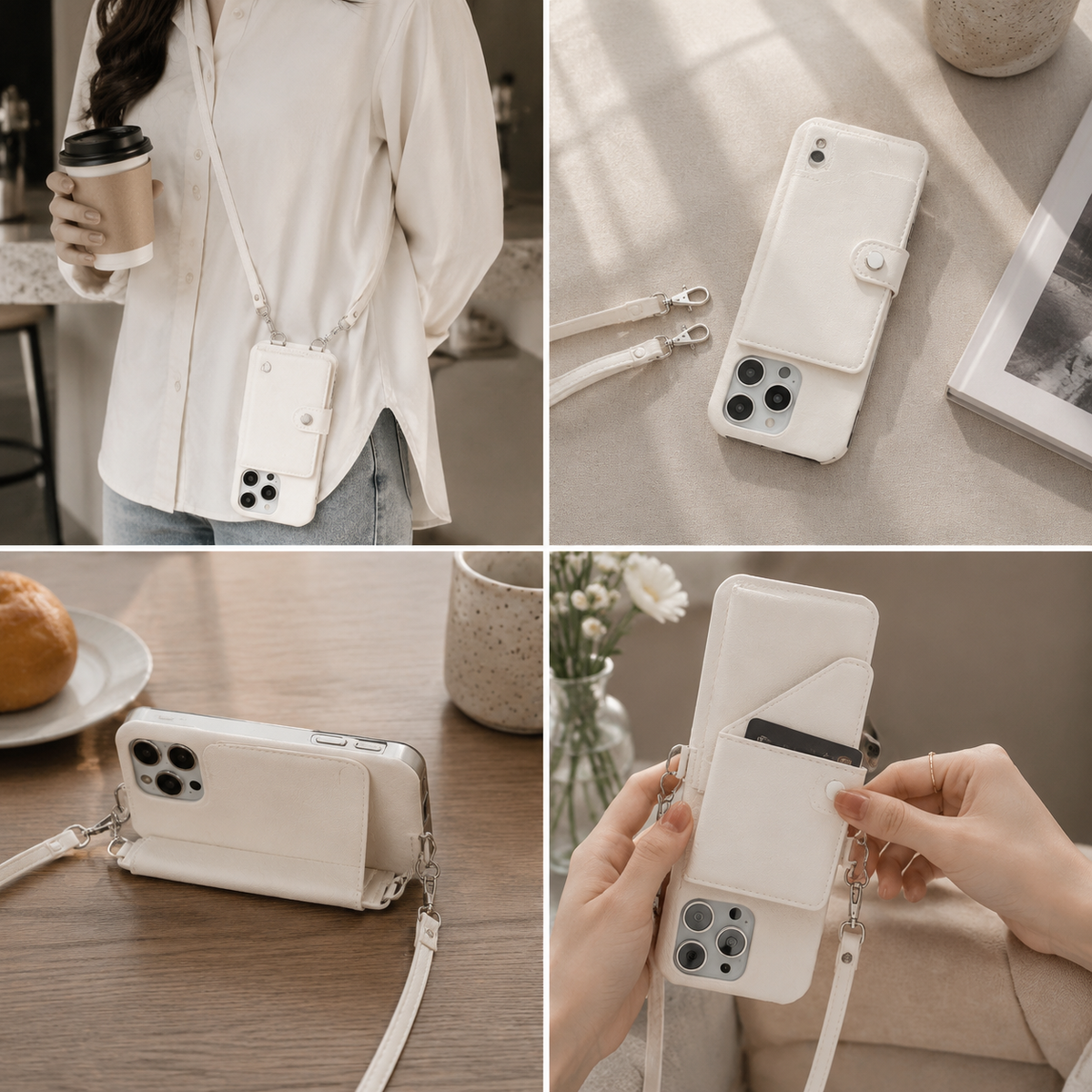 Premium iPhone Case Wallet Crossbody Flip Cover PU Leather Card Pocket Shoulder Strap Magnetic Closure Shockproof RFID Blocking Full Coverage