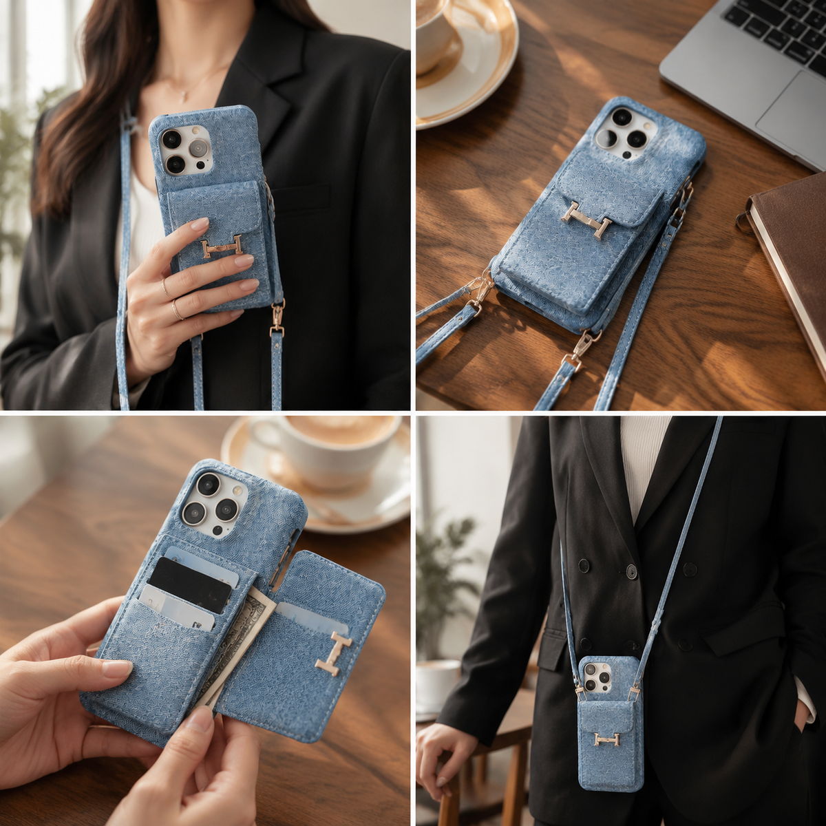 Premium iPhone Case Wallet Crossbody Flip Cover PU Leather Card Pocket Shoulder Strap Magnetic Closure Shockproof RFID Blocking Full Coverage