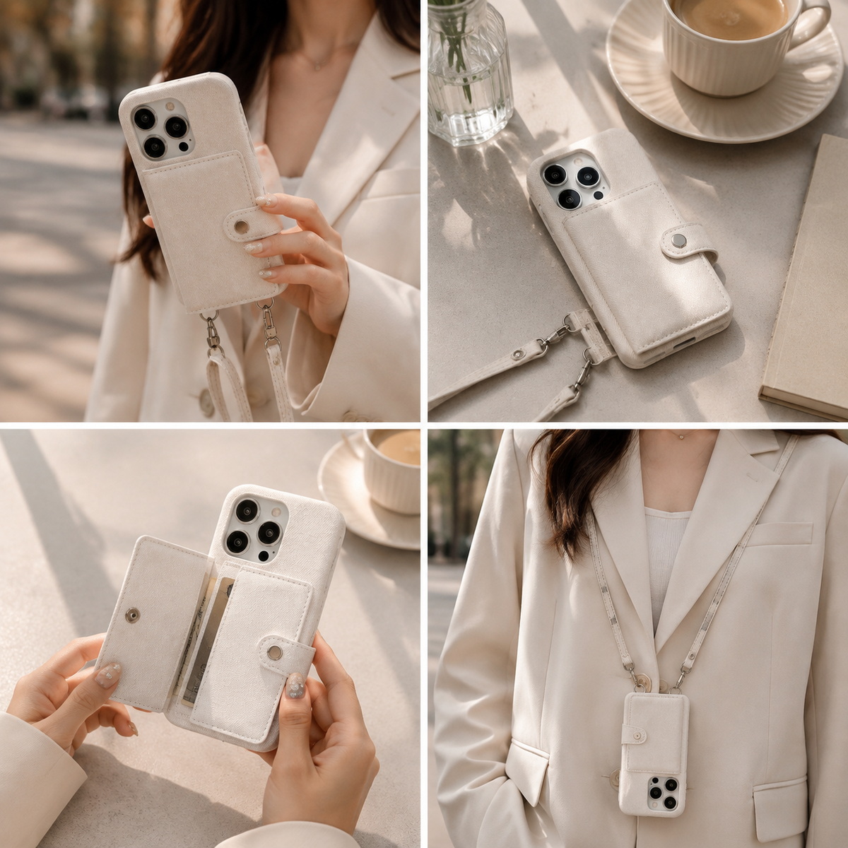 Premium iPhone Case Wallet Crossbody Flip Cover PU Leather Card Pocket Shoulder Strap Magnetic Closure Shockproof RFID Blocking Full Coverage