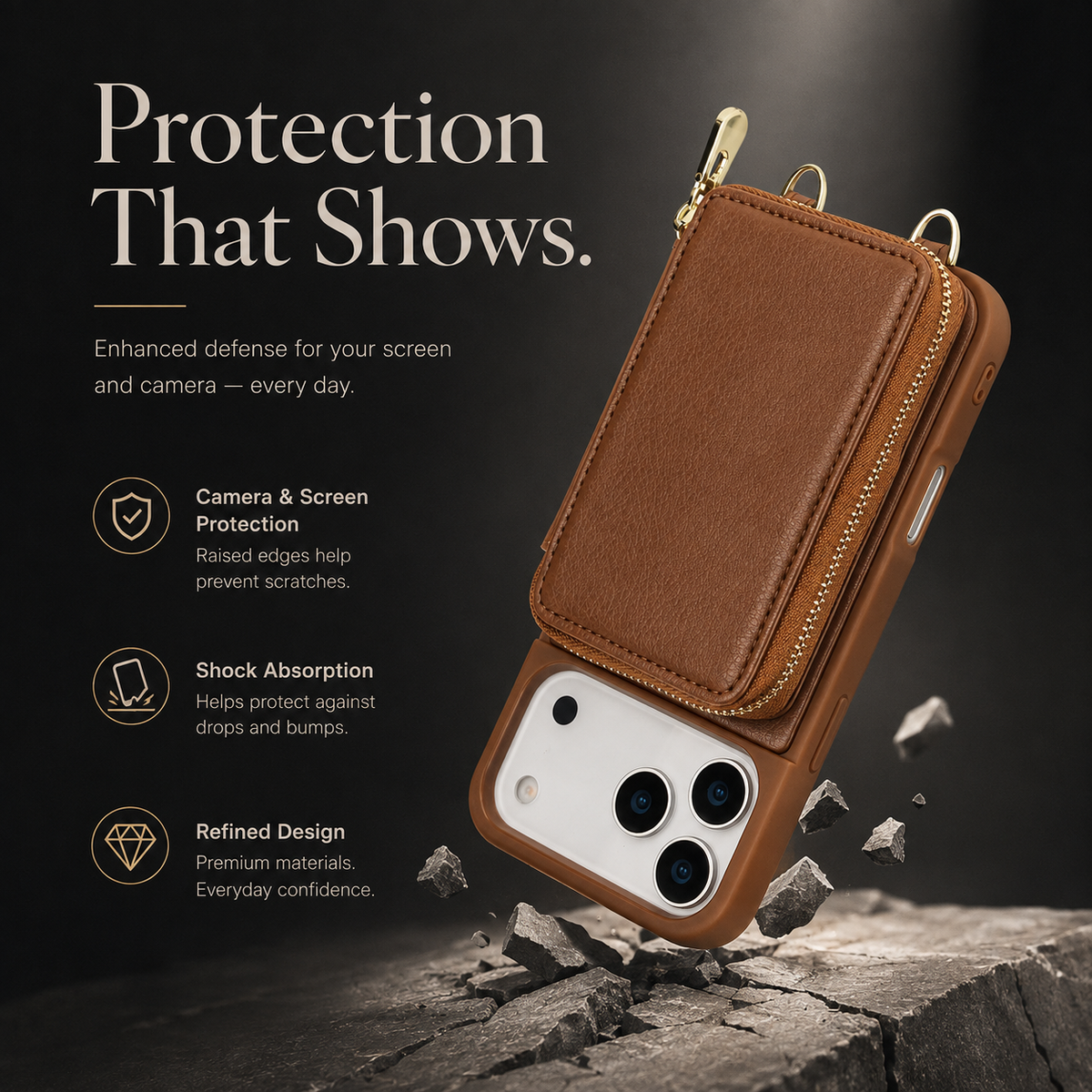 Premium iPhone Case Wallet Crossbody Leather Flip Cover Zipper Card Holder RFID Pocket Shoulder Strap Shockproof Full Coverage Protective Phone Case