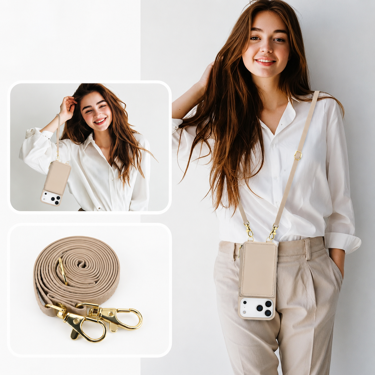 Premium iPhone Case Wallet Crossbody Leather Flip Cover Zipper Card Holder RFID Pocket Shoulder Strap Shockproof Full Coverage Protective Phone Case