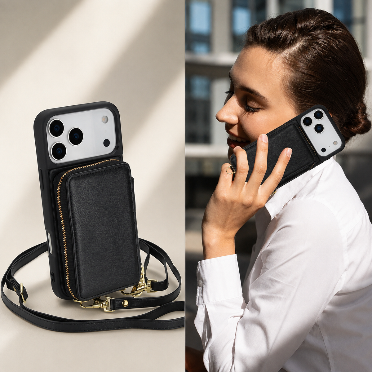 Premium iPhone Case Wallet Crossbody Leather Flip Cover Zipper Card Holder RFID Pocket Shoulder Strap Shockproof Full Coverage Protective Phone Case