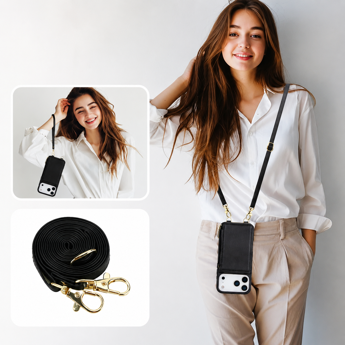 Premium iPhone Case Wallet Crossbody Leather Flip Cover Zipper Card Holder RFID Pocket Shoulder Strap Shockproof Full Coverage Protective Phone Case