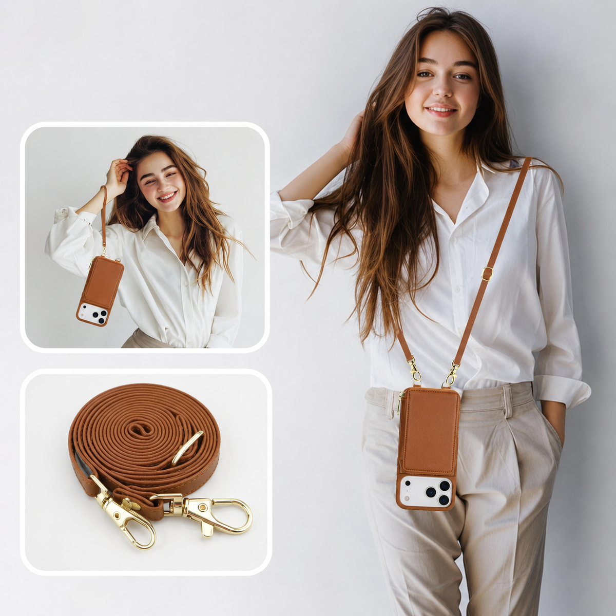 Premium iPhone Case Wallet Crossbody Leather Flip Cover Zipper Card Holder RFID Pocket Shoulder Strap Shockproof Full Coverage Protective Phone Case