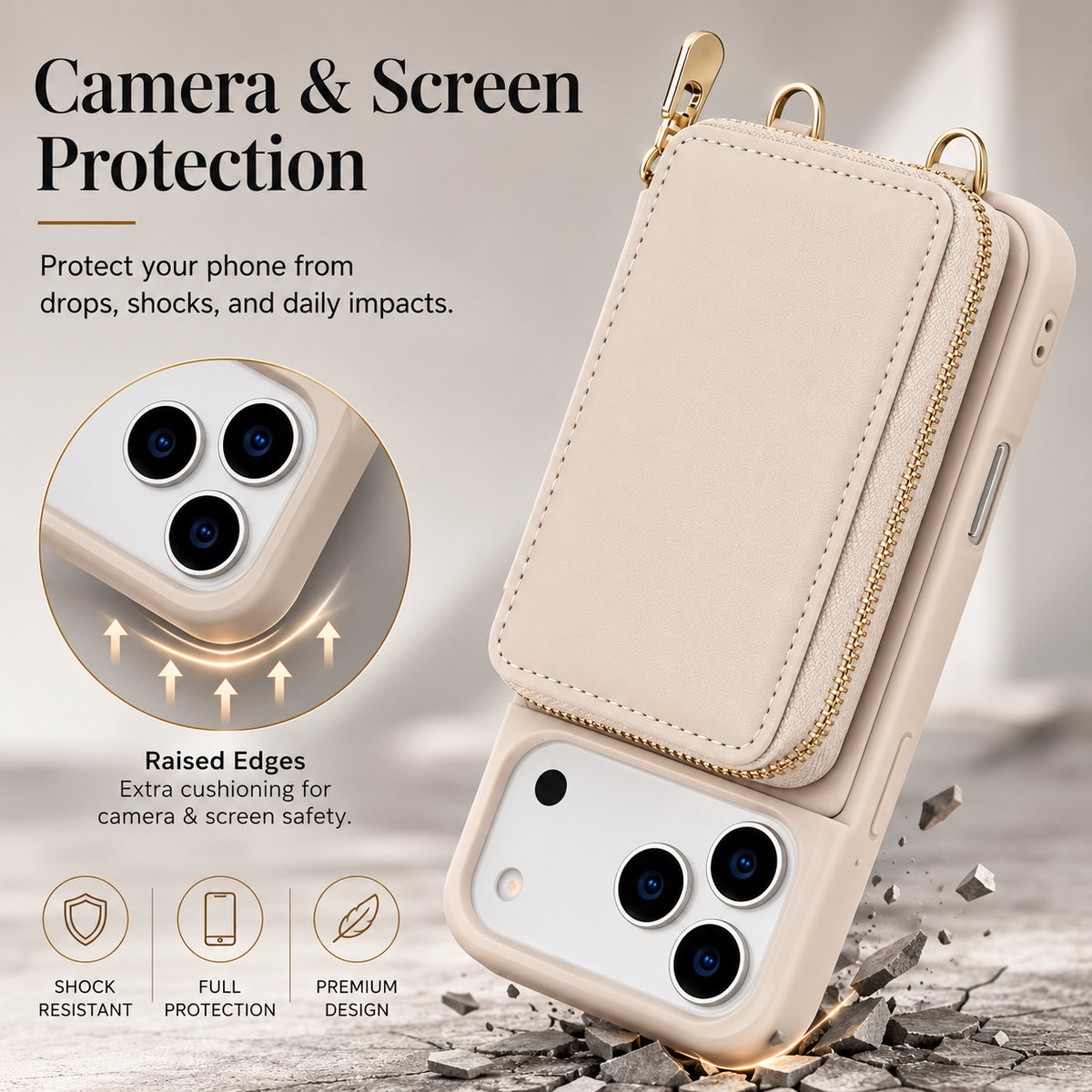 Premium iPhone Case Wallet Crossbody Leather Flip Cover Zipper Card Holder RFID Pocket Shoulder Strap Shockproof Full Coverage Protective Phone Case